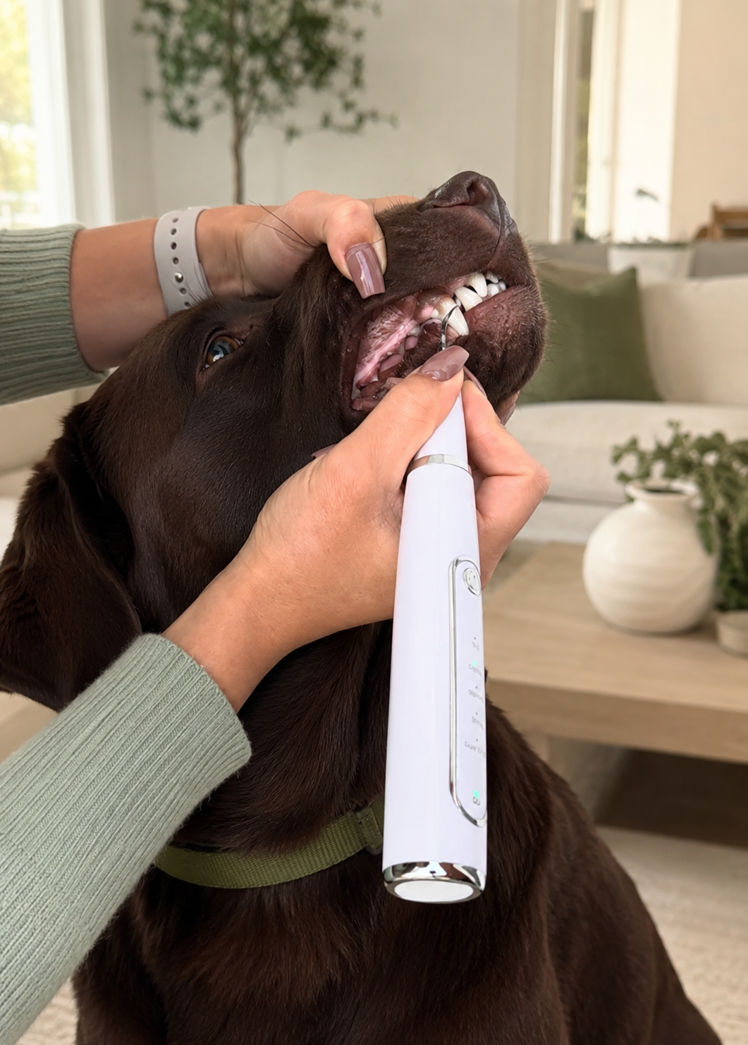 Dog dental cleaning device in use