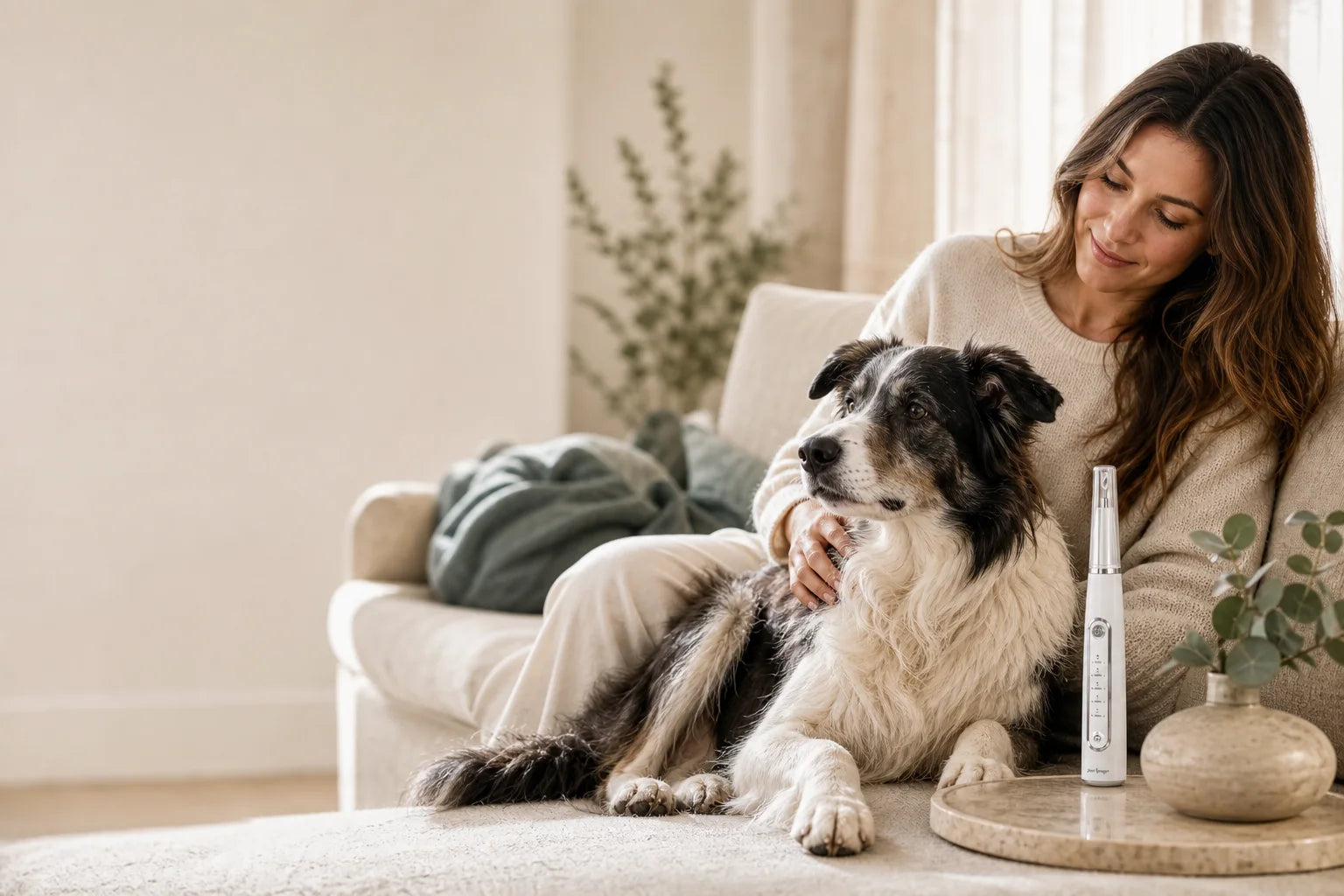 A relaxed dog resting beside its owner with the DeepSweep dental-care device nearby